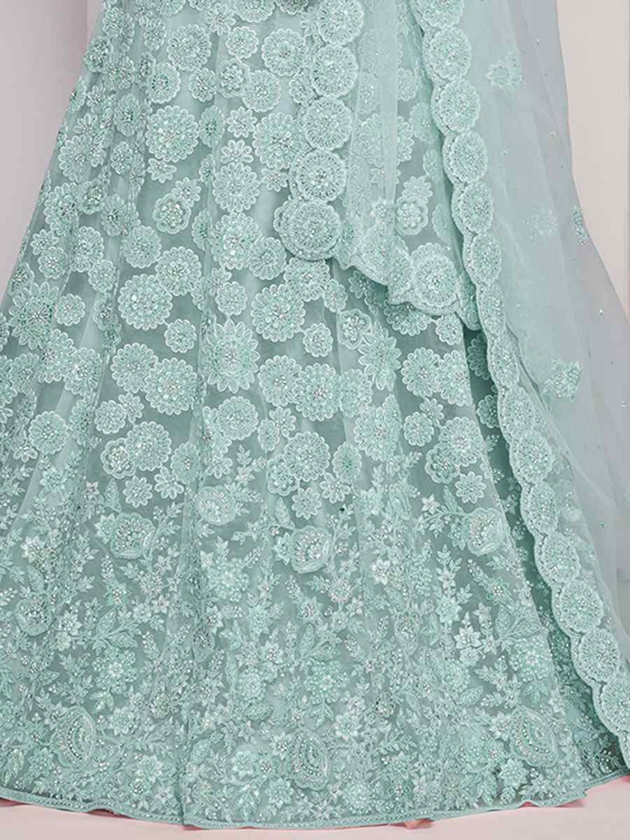 Light Blue Soft Net Embroidery Bridesmaid Wedding Heavy Border Lehenga Choli