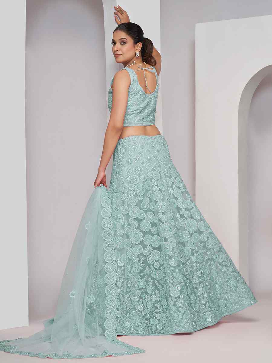 Light Blue Soft Net Embroidery Bridesmaid Wedding Heavy Border Lehenga Choli