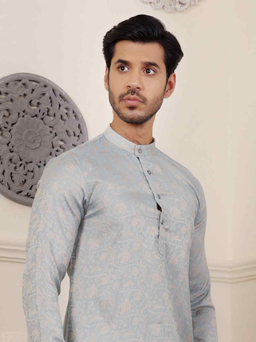 Light Blue Viscose Embroidered Festival Casual Kurta