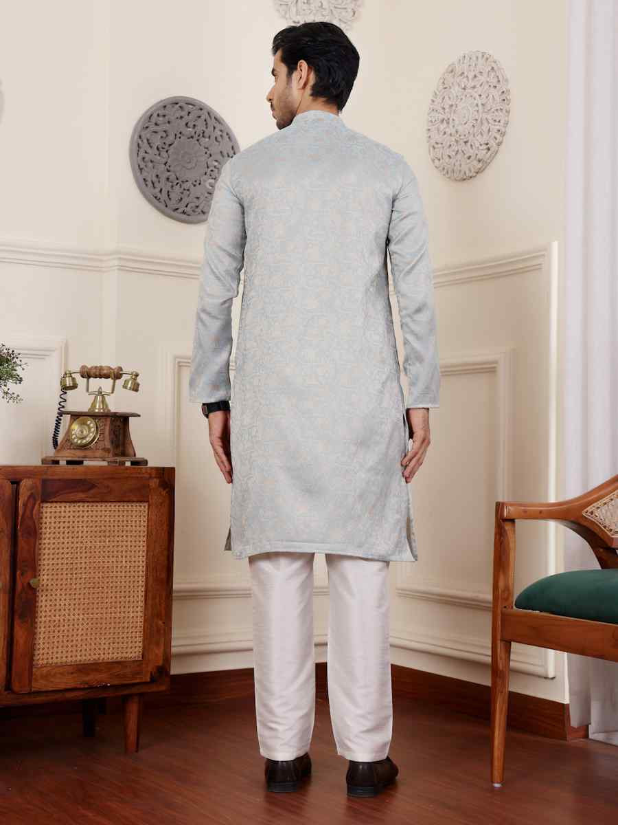 Light Blue Viscose Embroidered Festival Casual Kurta