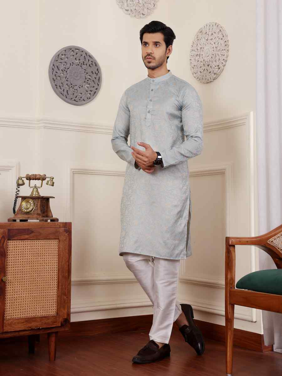 Light Blue Viscose Embroidered Festival Casual Kurta