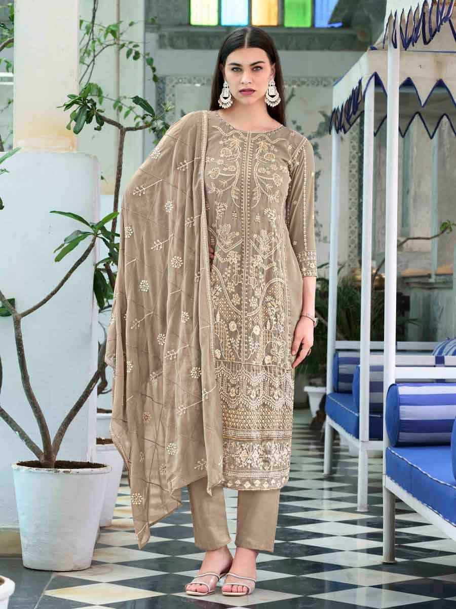 Light Brown Faux Georgette Embroidered Festival Wedding Pant Ready Salwar Kameez