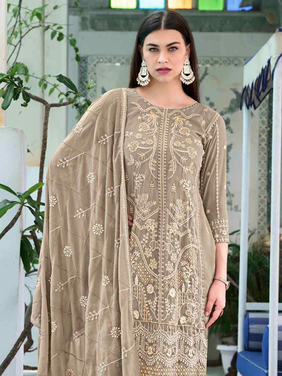 Light Brown Faux Georgette Embroidered Festival Wedding Pant Ready Salwar Kameez