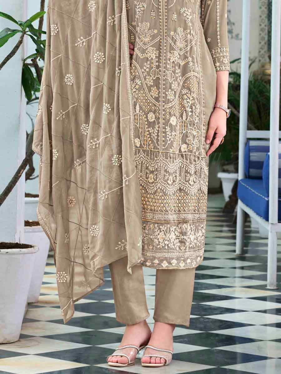 Light Brown Faux Georgette Embroidered Festival Wedding Pant Ready Salwar Kameez