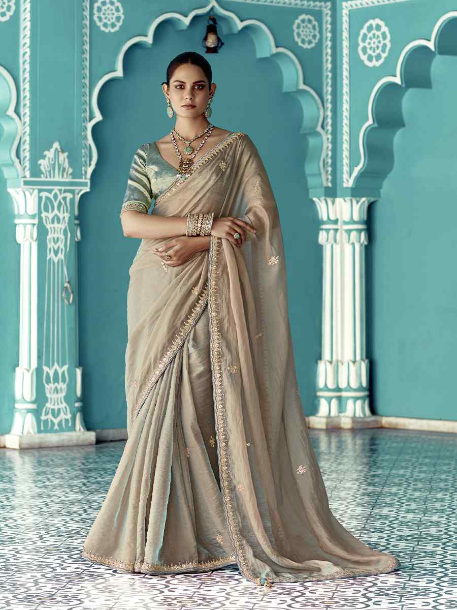 Light Brown Pure fancy Silk Embroidered Bridesmaid Reception Heavy Border Saree