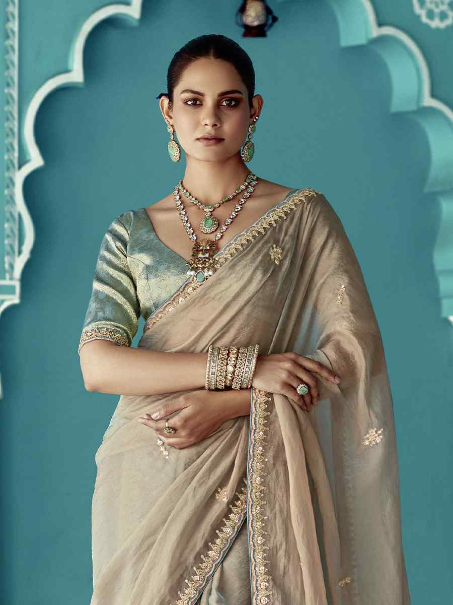 Light Brown Pure fancy Silk Embroidered Bridesmaid Reception Heavy Border Saree