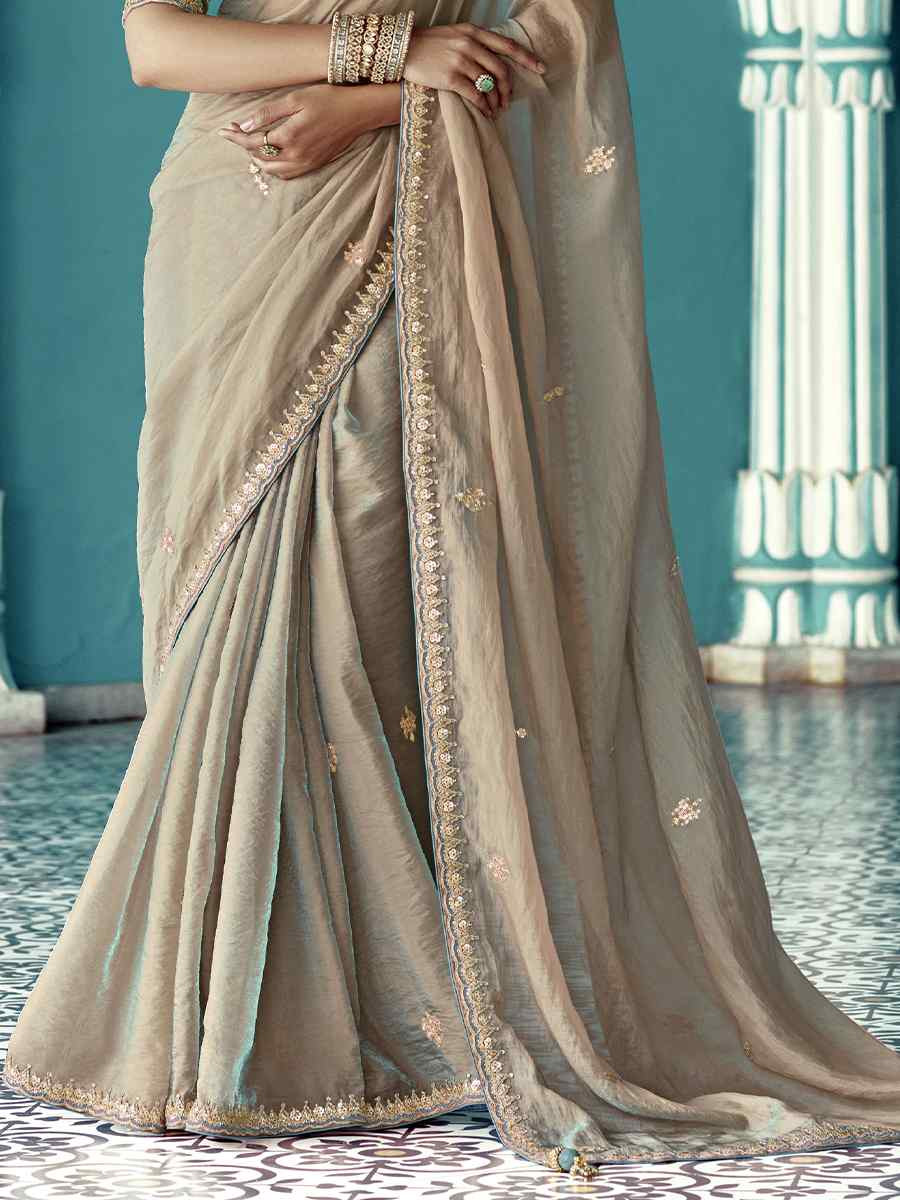 Light Brown Pure fancy Silk Embroidered Bridesmaid Reception Heavy Border Saree