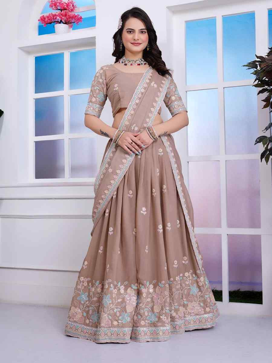 Light Brown Star Georgette Embroidered Wedding Festival Heavy Border Lehenga Choli