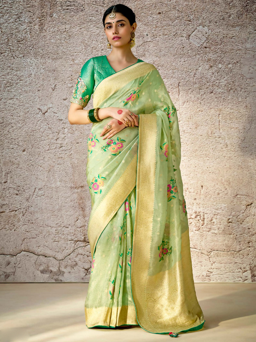 Light Green Banarasi Silk Embroidered Reception Wedding Heavy Border Saree