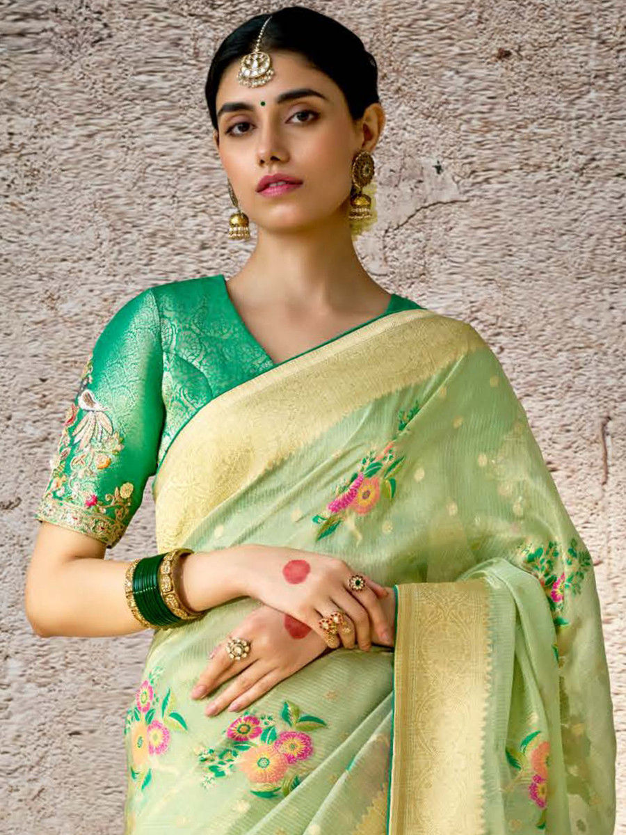 Light Green Banarasi Silk Embroidered Reception Wedding Heavy Border Saree