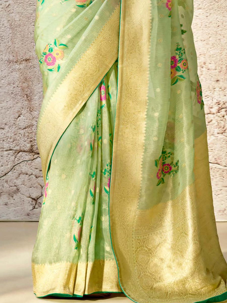 Light Green Banarasi Silk Embroidered Reception Wedding Heavy Border Saree