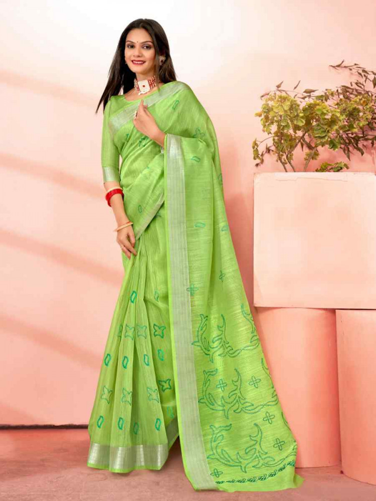 Light Green Chanderi Cotton Handwoven Festival Casual Heavy Border Saree