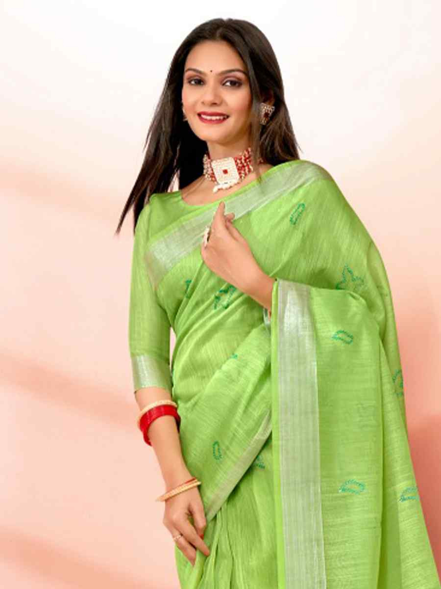 Light Green Chanderi Cotton Handwoven Festival Casual Heavy Border Saree