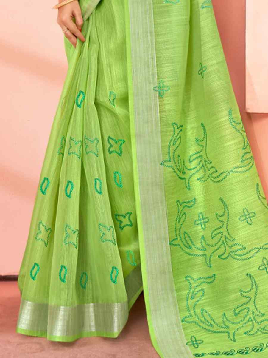 Light Green Chanderi Cotton Handwoven Festival Casual Heavy Border Saree