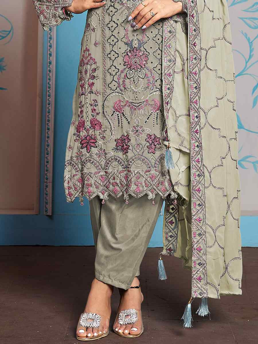 Light Green Faux Georgette Embroidered Festival Casual Pant Salwar Kameez