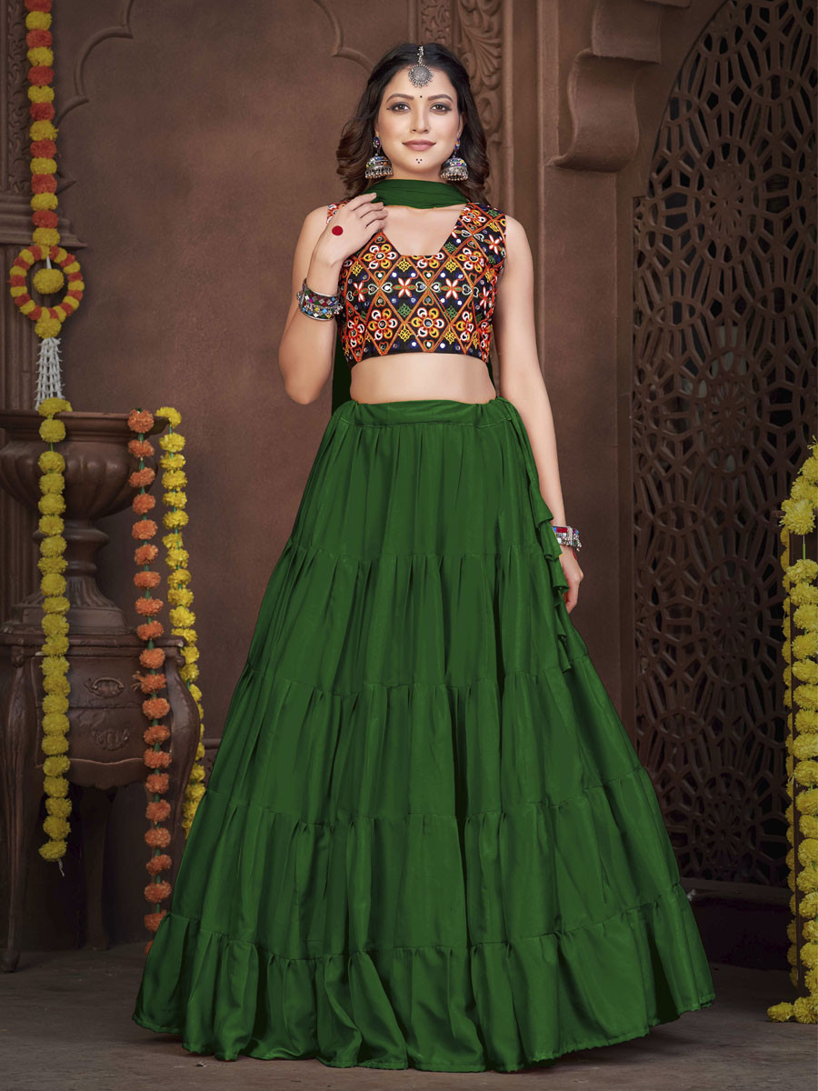 Light Green French Crepe Printed Festival Mehendi Circular Lehenga Choli