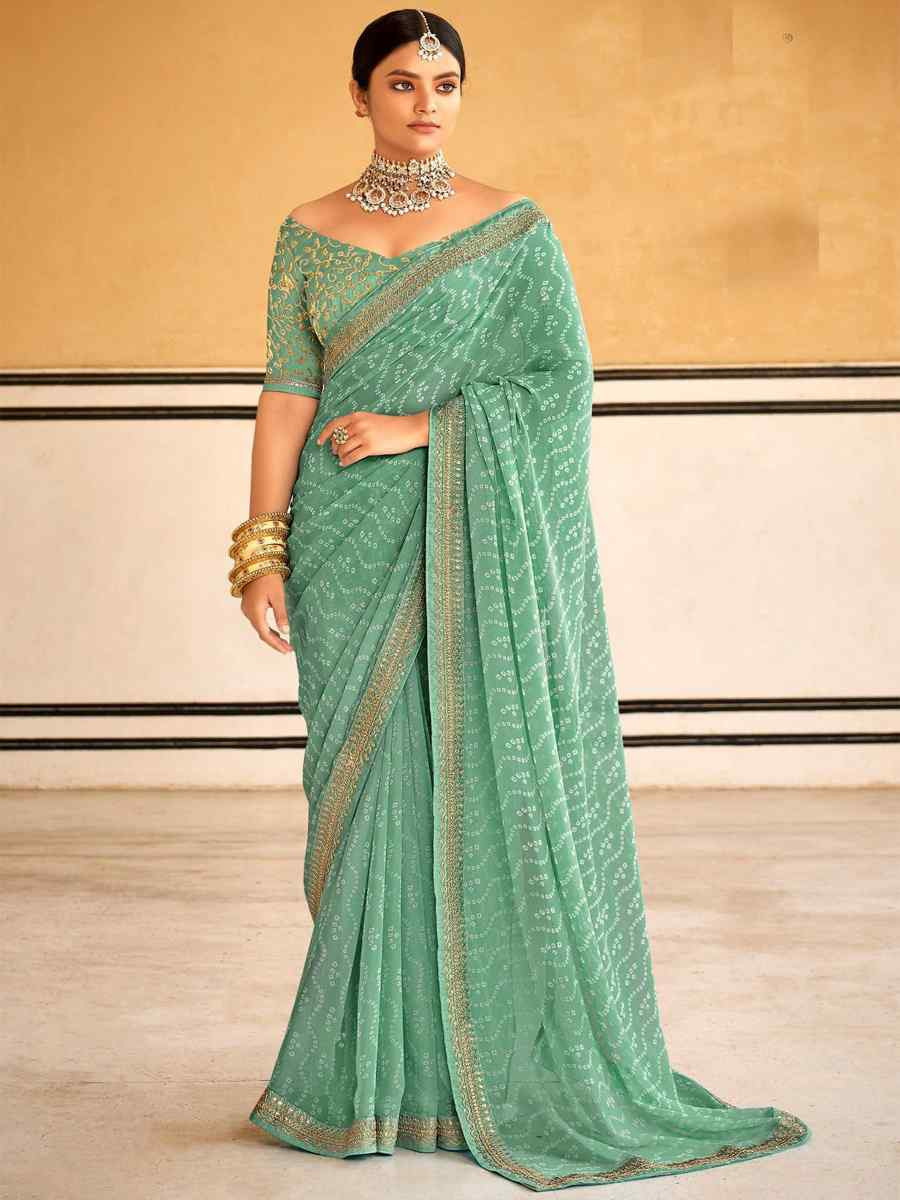 Light Green Georgette Embroidered Festival Party Classic Style Saree