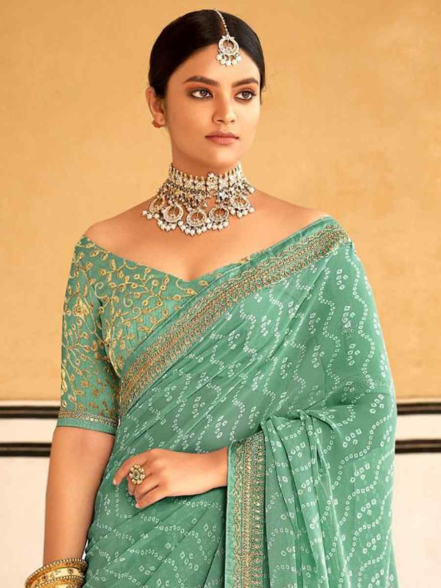 Light Green Georgette Embroidered Festival Party Classic Style Saree