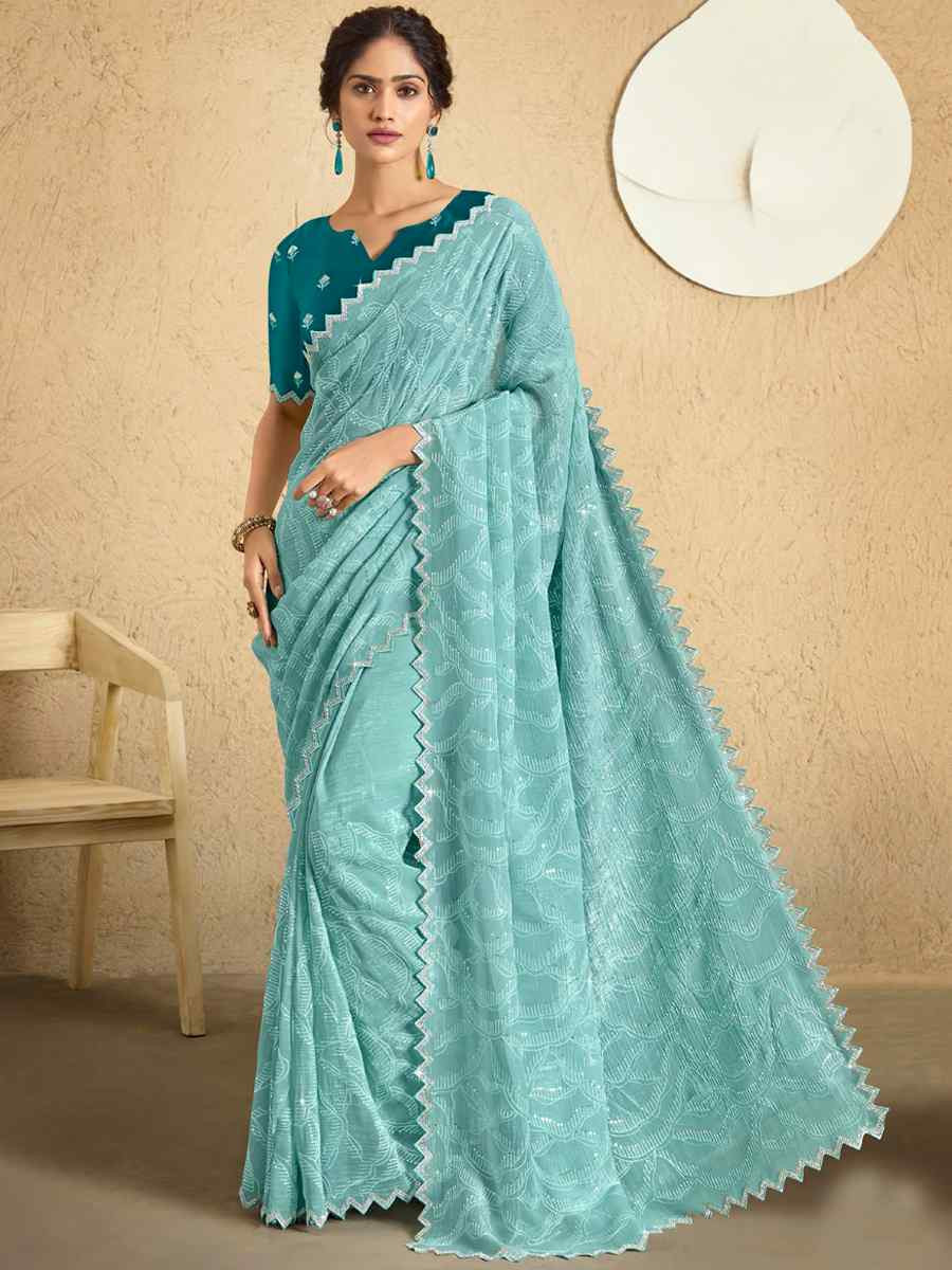 Light Green Georgette Embroidered Reception Party Heavy Border Saree