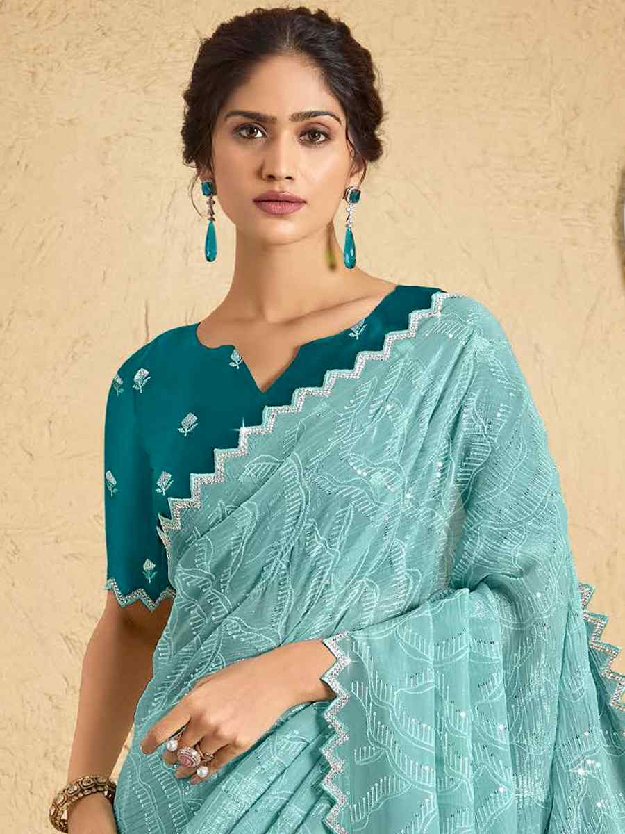 Light Green Georgette Embroidered Reception Party Heavy Border Saree