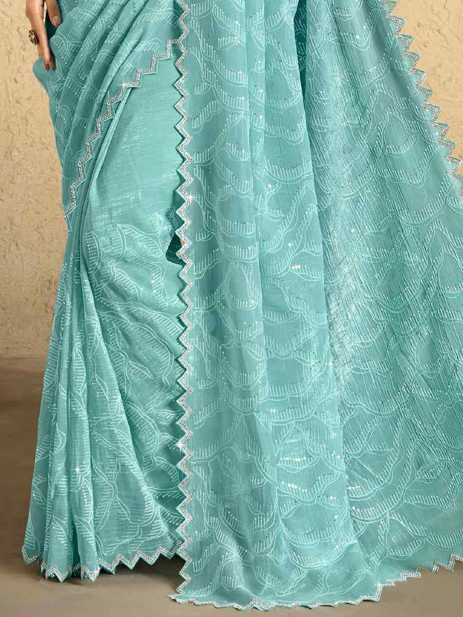 Light Green Georgette Embroidered Reception Party Heavy Border Saree