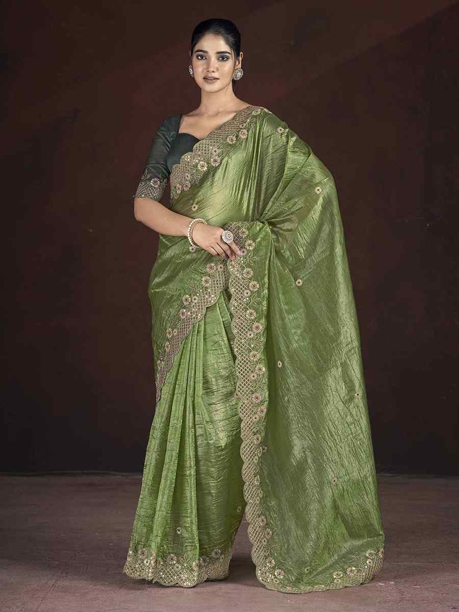 Light Green Gold Crunchy Embroidered Casual Festival Wedding Heavy Border Saree