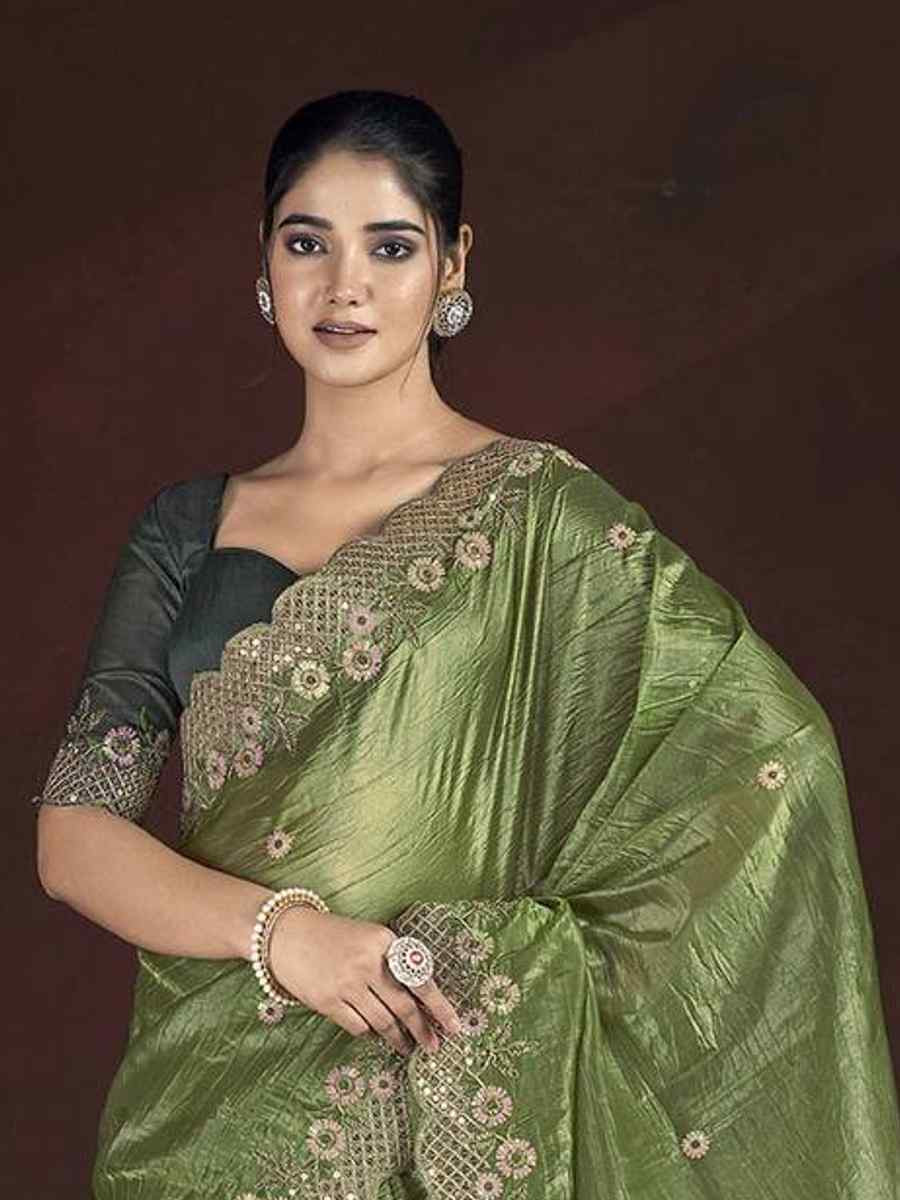 Light Green Gold Crunchy Embroidered Casual Festival Wedding Heavy Border Saree