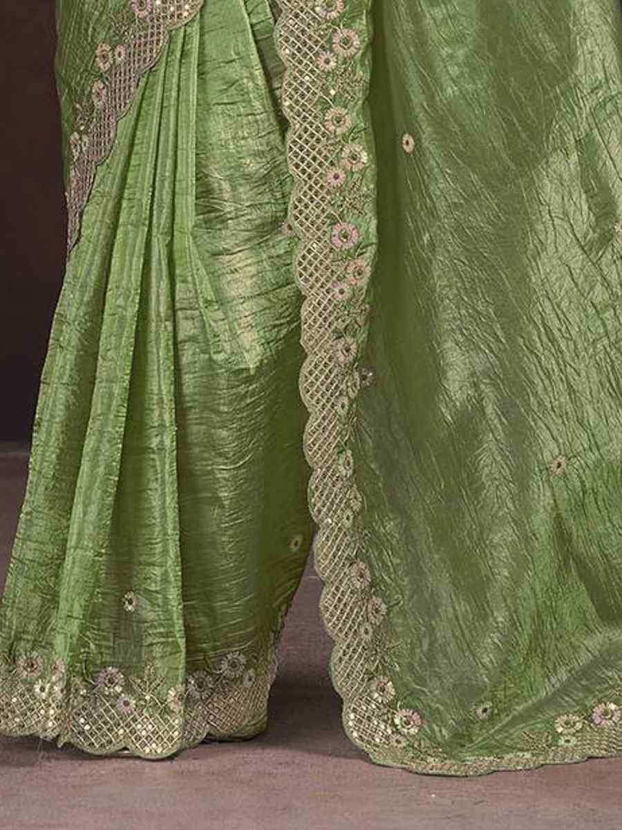 Light Green Gold Crunchy Embroidered Casual Festival Wedding Heavy Border Saree