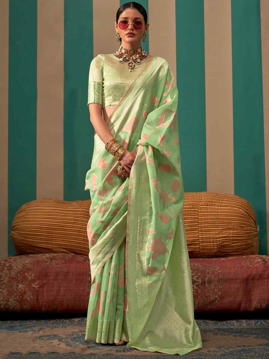 Light Green Handloom Linen Handwoven Festival Casual Heavy Border Saree