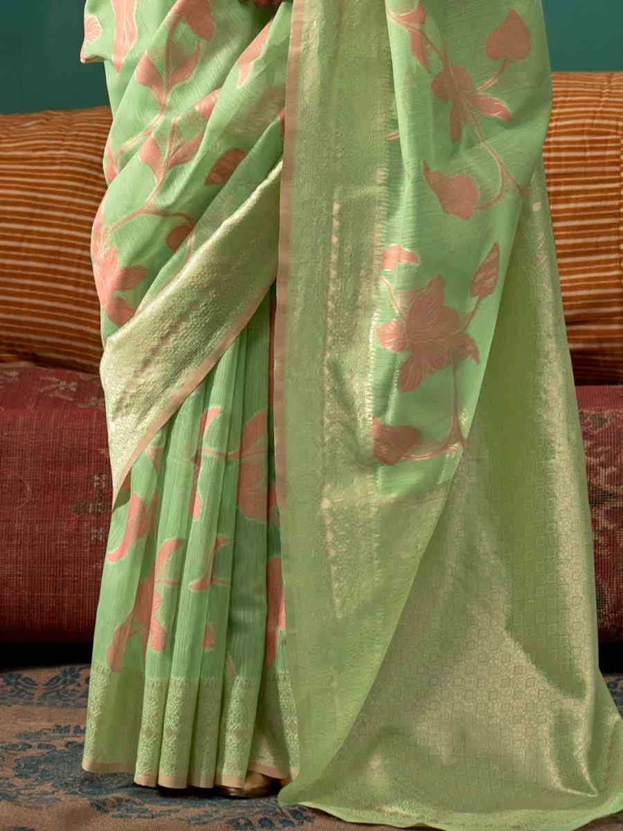 Light Green Handloom Linen Handwoven Festival Casual Heavy Border Saree