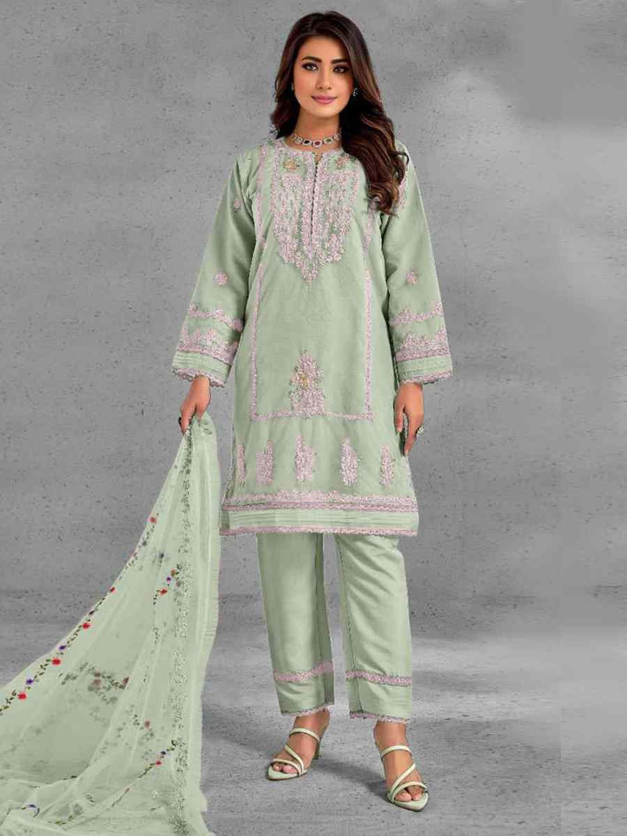 Light Green Heavy Organza Embroidered Festival Casual Pant Salwar Kameez