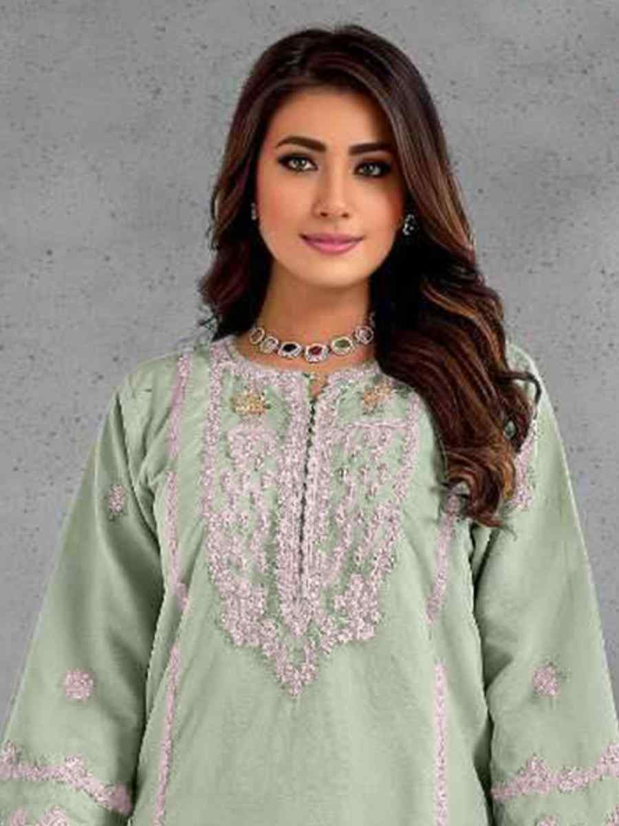 Light Green Heavy Organza Embroidered Festival Casual Pant Salwar Kameez