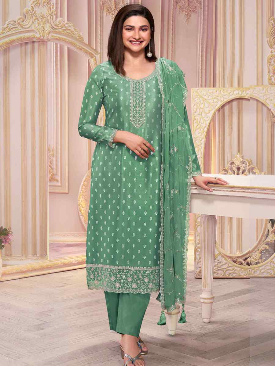 Light Green Heavy Silk Embroidered Festival Mehendi Pant Salwar Kameez