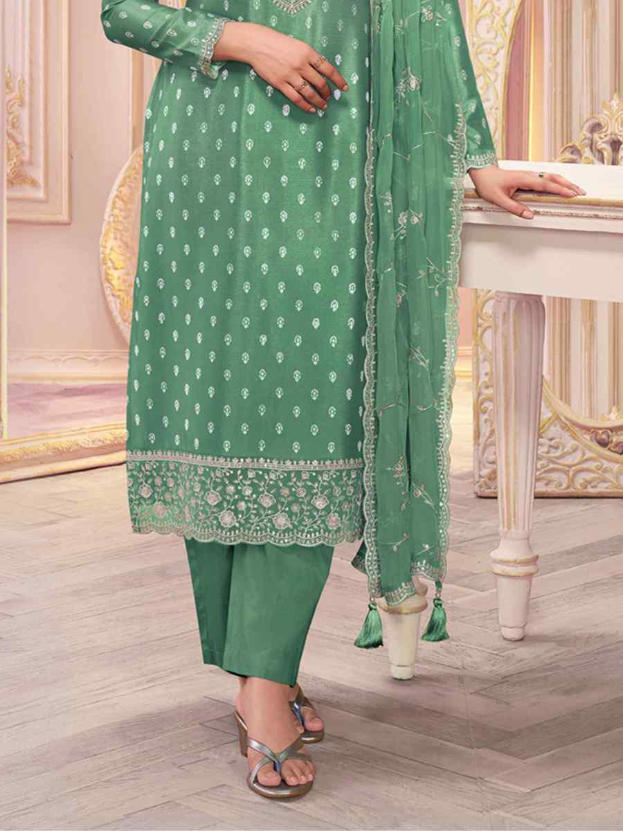 Light Green Heavy Silk Embroidered Festival Mehendi Pant Salwar Kameez