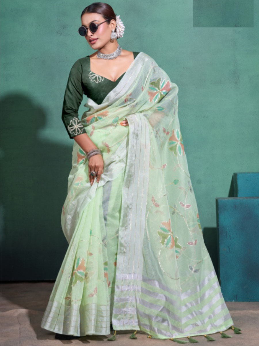 Light Green Linen Blend Handwoven Festival Wedding Heavy Border Saree