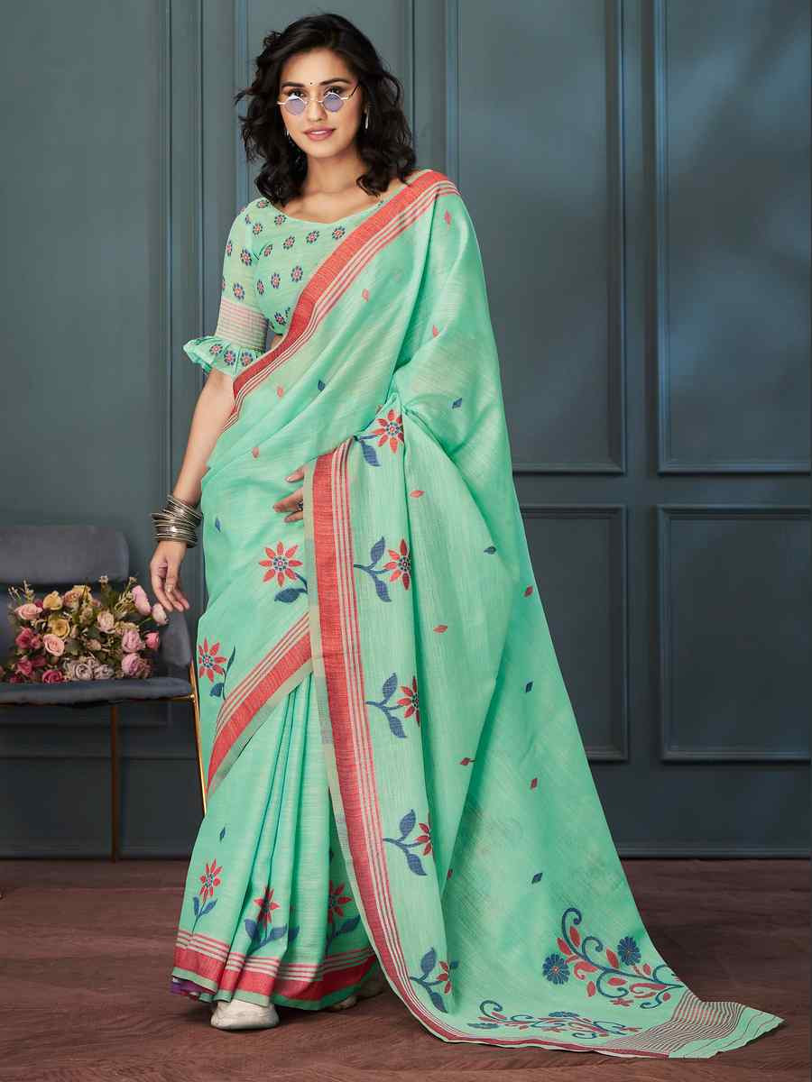 Light Green Linen Handwoven Festival Casual Classic Style Saree