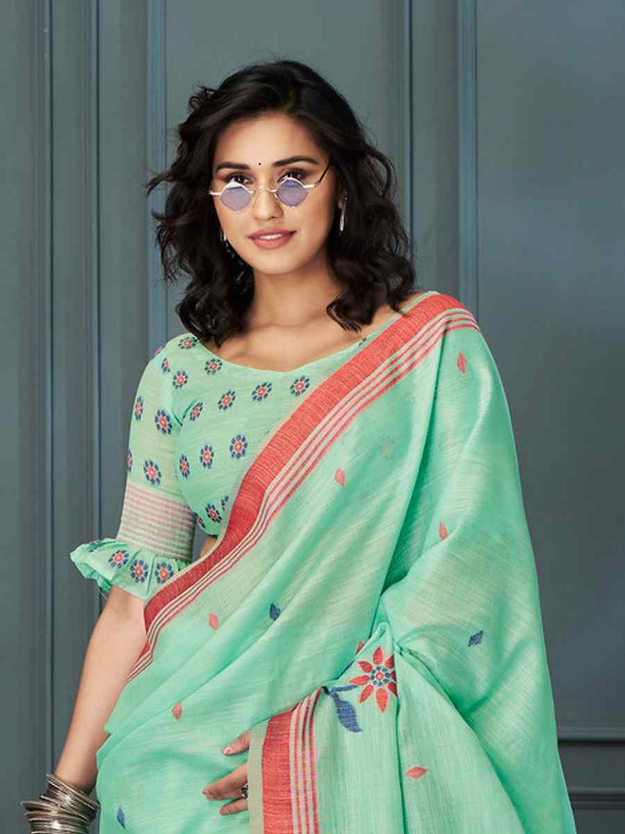 Light Green Linen Handwoven Festival Casual Classic Style Saree