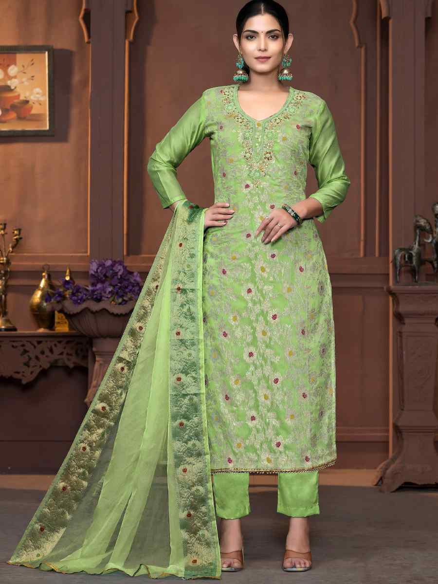 Light Green Muslin Banarasi Cotton Embroidered Casual Festival Pant Salwar Kameez