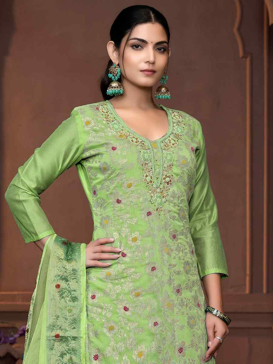 Light Green Muslin Banarasi Cotton Embroidered Casual Festival Pant Salwar Kameez