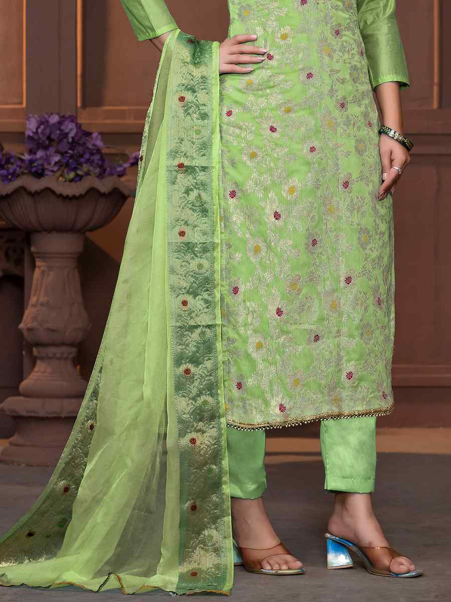 Light Green Muslin Banarasi Cotton Embroidered Casual Festival Pant Salwar Kameez