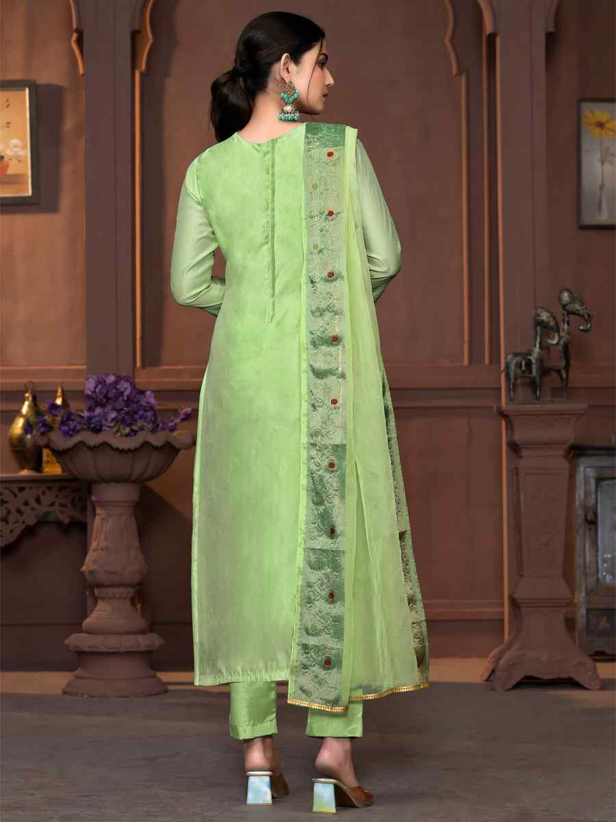 Light Green Muslin Banarasi Cotton Embroidered Casual Festival Pant Salwar Kameez