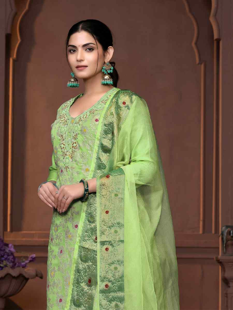 Light Green Muslin Banarasi Cotton Embroidered Casual Festival Pant Salwar Kameez