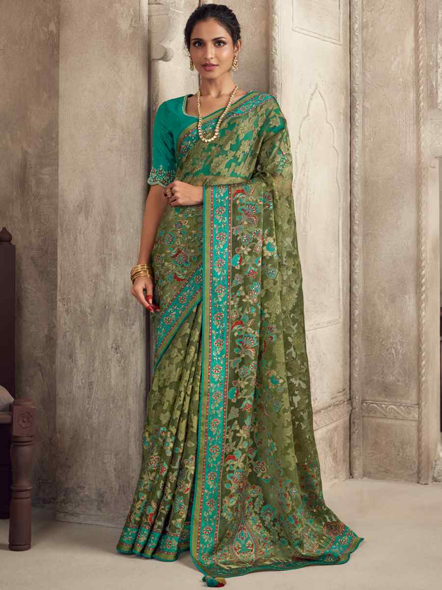 Light Green Organza Brasso Embroidered Festival Wedding Heavy Border Saree