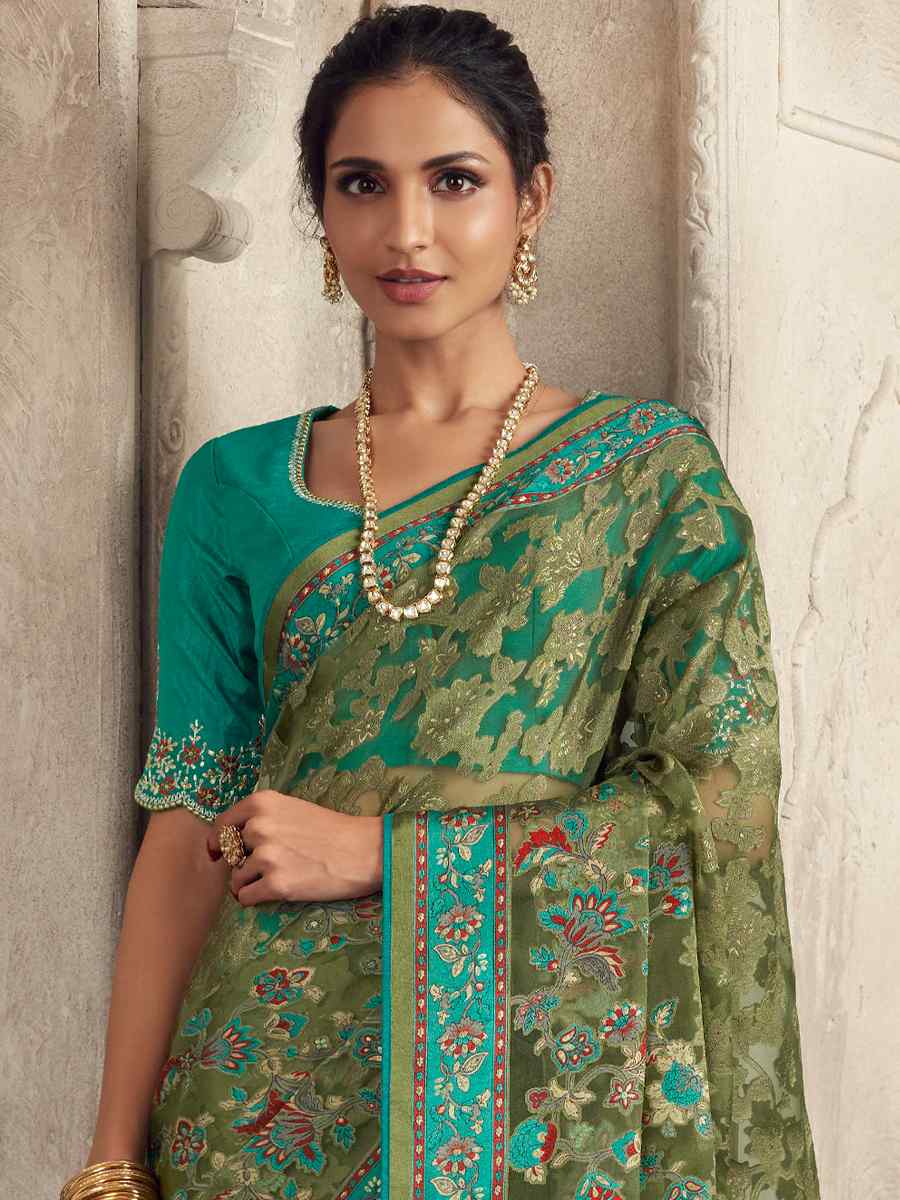 Light Green Organza Brasso Embroidered Festival Wedding Heavy Border Saree