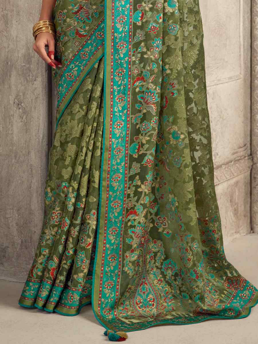 Light Green Organza Brasso Embroidered Festival Wedding Heavy Border Saree