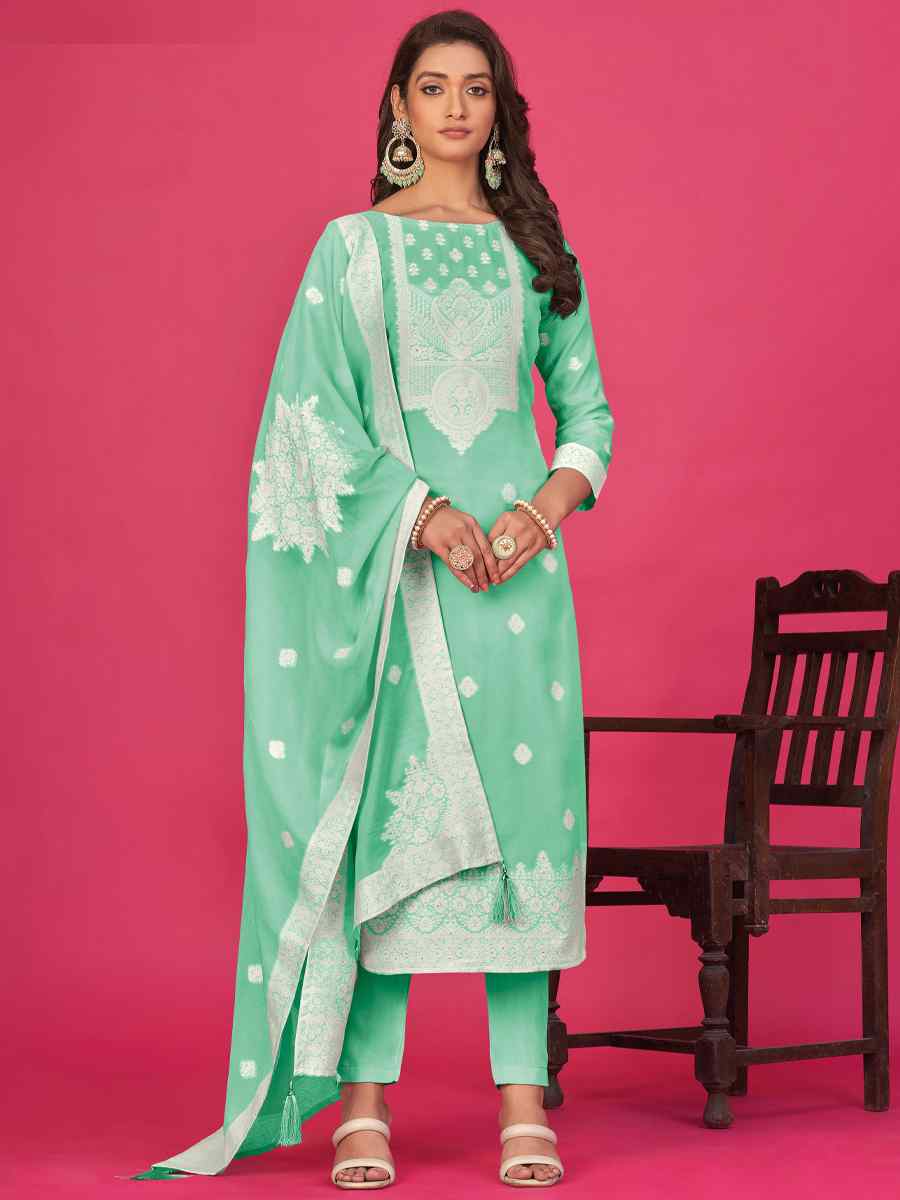 Light Green Pure Jacquard Embroidered Casual Festival Pant Salwar Kameez