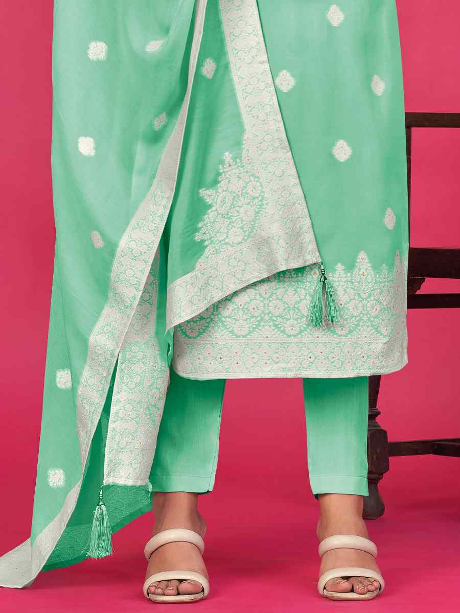 Light Green Pure Jacquard Embroidered Casual Festival Pant Salwar Kameez