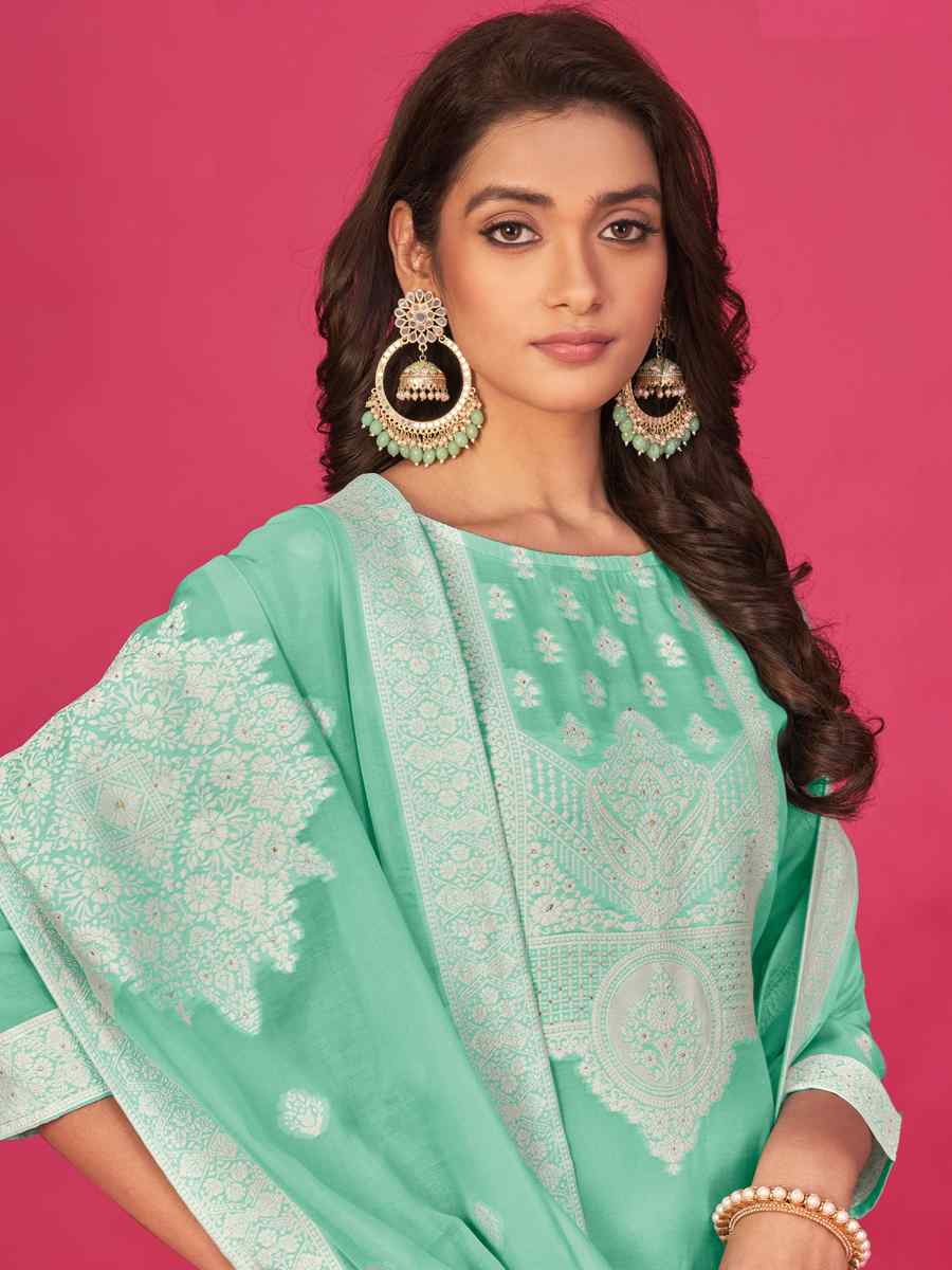 Light Green Pure Jacquard Embroidered Casual Festival Pant Salwar Kameez