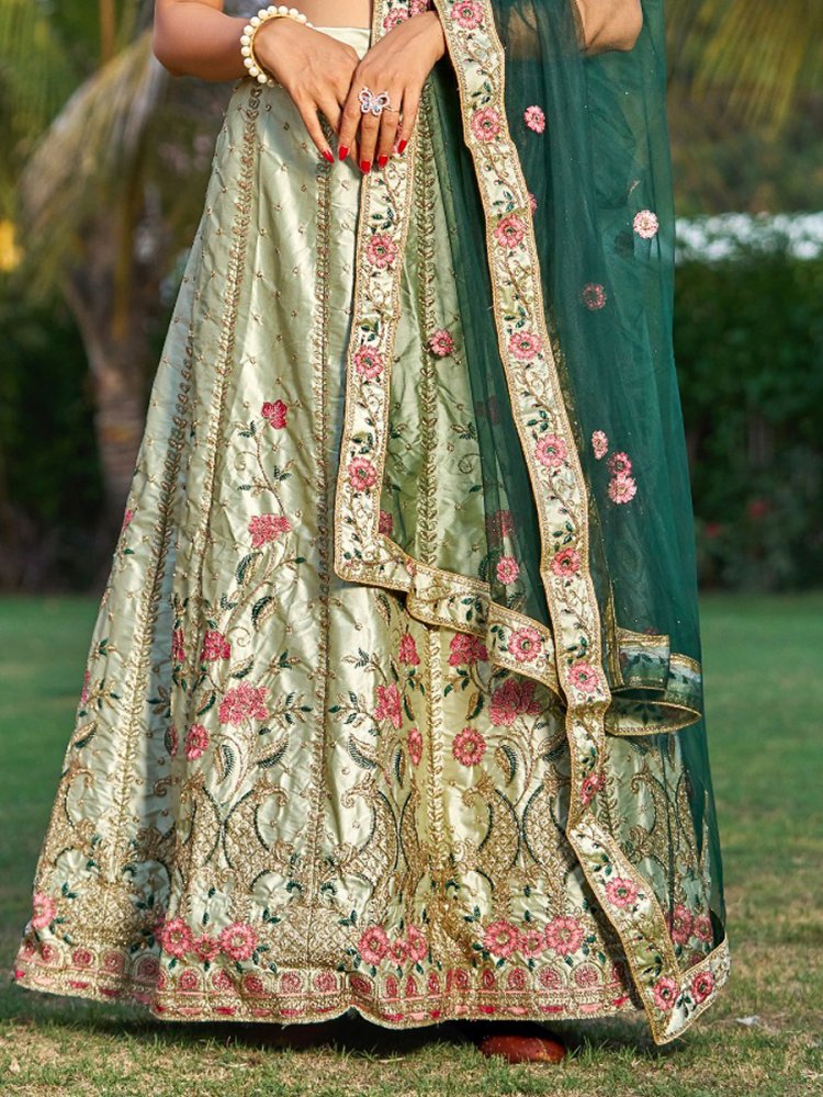 Organza Fabric Green Color Function Wear Vivacious Lehenga With Embroidered  Work