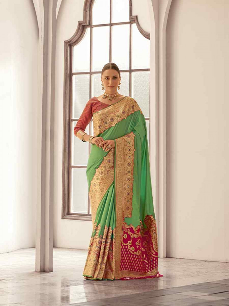 Light Green Satin Silk Handwoven Festival Wedding Heavy Border Saree